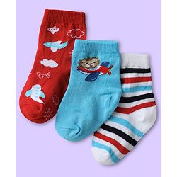Cute Walk by Babyhug Knit Ankle Length Antibacterial Socks with Vehicle & Stripe Design Pack Of 3 - Red & Light Blue