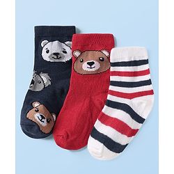 Cute Walk By Babyhug Knit Ankle Length Anti Bacterial Socks With Stripes & Teddy Bear Design Pack of 3 - Red White & Navy Blue
