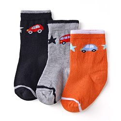 Cute Walk by Babyhug Knit Ankle Length Anti Bacterial Socks with Vehicle Design Pack of 3 - Orange Grey & Black