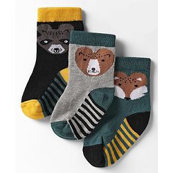 Cute Walk by Babyhug Knit Ankle Length Anti Bacterial Socks with Animal Design & Stripes Pack of 3 - Multicolor