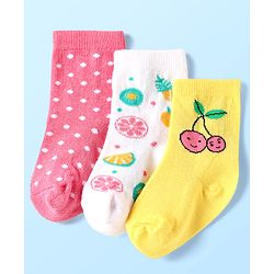 Cute Walk By Babyhug Knit Ankle Length Anti Bacterial Socks With Polka Dot & Fruit Design Pack of 3 - Yellow White & Pink