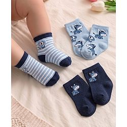 Cute Walk by Babyhug Knit Ankle Length Anti Bacterial Socks with Animal Design & Stripes Pack of 3 - Light & Navy Blue