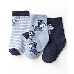 Cute Walk by Babyhug Knit Ankle Length Anti Bacterial Socks with Animal Design & Stripes Pack of 3 - Light & Navy Blue