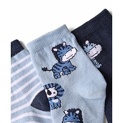 Cute Walk by Babyhug Knit Ankle Length Anti Bacterial Socks with Animal Design & Stripes Pack of 3 - Light & Navy Blue