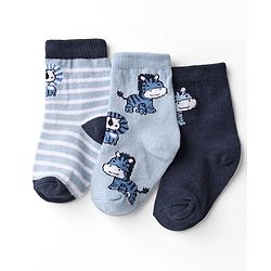 Cute Walk by Babyhug Knit Ankle Length Anti Bacterial Socks with Animal Design & Stripes Pack of 3 - Light & Navy Blue