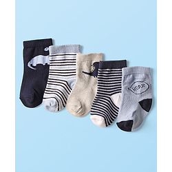 Cute Walk by Babyhug Ankle Length Anti Bacterial Socks With Stripes & Dino Design Pack of 5 - Multicolor