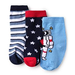 Cute Walk by Babyhug Knit Ankle Length Anti Bacterial Socks with Star Stripe & Astronaut Design Pack of 3 - Multicolor