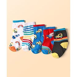Cute Walk By Babyhug Ankle Length Anti Bacterial Socks With Car & Rocket Design Pack of 5 - Multicolor