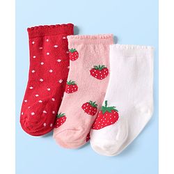 Cute Walk By Babyhug Knit Ankle Length Anti Bacterial Socks With Polka Dot & Strawberry Design Pack of 3 - White Pink & Red