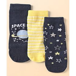 Cute Walk by Babyhug Ankle Length Anti Bacterial Socks With Stripes & Space Theme Design Pack of 3 - Navy Blue & Yellow