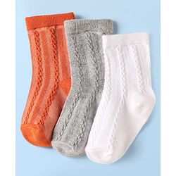 Cute Walk By Babyhug Knit Ankle Length Anti Bacterial Solid Socks Pack of 3 - White Grey & Orange