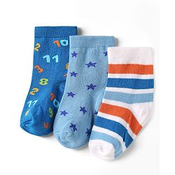 Cute Walk By Babyhug Knit Ankle Length Anti Bacterial Socks With Stripes & Star Design Pack of 3 - White & Blue
