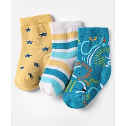 Cute Walk By Babyhug Knit Ankle Length Anti Bacterial Socks With Stripes & Animal Design Pack of 3 - Blue White & Yellow