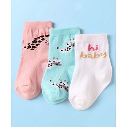 Cute Walk by Babyhug Knit Ankle Length Anti Bacterial Socks With Animal Design Pack of 3 - White Blue & Pink