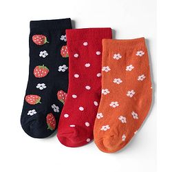 Cute Walk By Babyhug Knit Ankle Length Anti Bacterial Socks With Floral & Strawberry Design Pack of 3 - Orange Red & Black