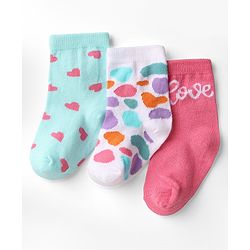 Cute Walk by Babyhug Knit Ankle Length Anti Bacterial Socks with Heart Design Pack of 3 - Pink White & Light Blue