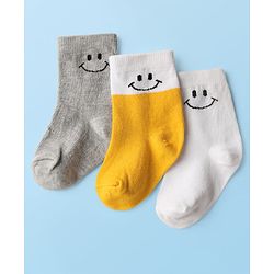 Cute Walk by Babyhug Knit Ankle Length Anti Bacterial Socks with Smiley Design Pack of 3 - Yellow White & Grey
