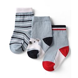 Cute Walk by Babyhug Knit Ankle Length Anti Bacterial Socks with Bear Design & Stripes Pack of 3 - Multicolor
