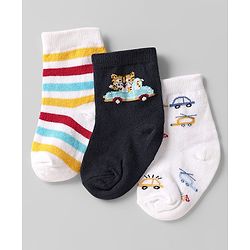 Cute Walk by Babyhug Knit Ankle Length Anti Bacterial Socks with Vehicle Design & Stripes Pack of 3 - Black & White