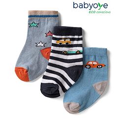 Cute Walk by Babyhug Knit Ankle Length Anti Bacterial Striped Socks with Car & Star Design Pack of 3 - Multicolor