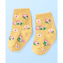 Cute Walk By Babyhug Knit Ankle Length Anti Bacterial Socks With Stripes & Floral Design Pack of 3 - Pink Yellow & White