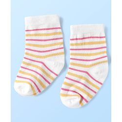 Cute Walk By Babyhug Knit Ankle Length Anti Bacterial Socks With Stripes & Floral Design Pack of 3 - Pink Yellow & White