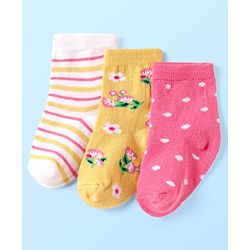 Cute Walk By Babyhug Knit Ankle Length Anti Bacterial Socks With Stripes & Floral Design Pack of 3 - Pink Yellow & White
