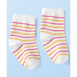 Cute Walk By Babyhug Knit Ankle Length Anti Bacterial Socks With Stripes & Floral Design Pack of 3 - Pink Yellow & White