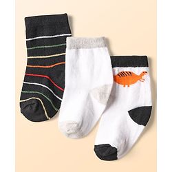Cute Walk by Babyhug Ankle Length Anti Bacterial Socks With Stripes & Dino Design Pack of 3 - Multicolor