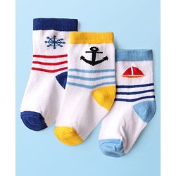 Cute Walk by Babyhug Knit Ankle Length Anti Bacterial Socks with Nautical Theme Design & Stripes Pack of 3 - Multicolor