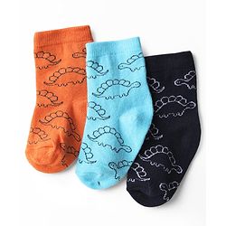 Cute Walk by Babyhug Knit Ankle Length Anti Bacterial Socks with Dino Print Pack of 3 - Orange Light Blue & Black