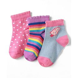 Cute Walk by Babyhug Knit Ankle Length Antibacterial Socks With Polka Dot Design & Stripes Pack Of 3 - Pink & Purple