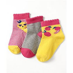Cute Walk by Babyhug Knit Ankle Length Antibacterial Socks With Stripes & Tropical Theme Design Pack Of 3 - Grey Yellow & Pink