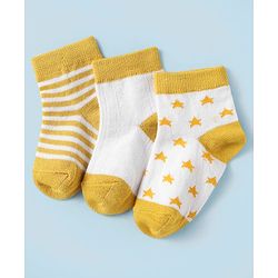 Cute Walk by Babyhug Knit Ankle Length Antibacterial Socks With Stripes & Star Design Pack Of 3 - Mustard & White