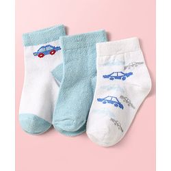 Cute Walk by Babyhug Knit Ankle Length Antibacterial Socks With Vehicle Design Pack Of 3 - Light Blue & White