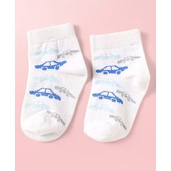 Cute Walk by Babyhug Knit Ankle Length Antibacterial Socks With Vehicle Design Pack Of 3 - Light Blue & White