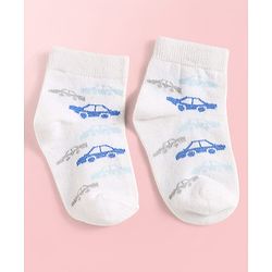 Cute Walk by Babyhug Knit Ankle Length Antibacterial Socks With Vehicle Design Pack Of 3 - Light Blue & White