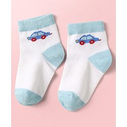 Cute Walk by Babyhug Knit Ankle Length Antibacterial Socks With Vehicle Design Pack Of 3 - Light Blue & White