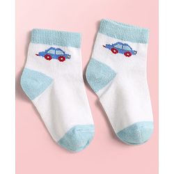 Cute Walk by Babyhug Knit Ankle Length Antibacterial Socks With Vehicle Design Pack Of 3 - Light Blue & White