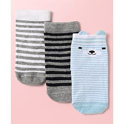 Cute Walk by Babyhug Knit Ankle Length Antibacterial Socks With Stripes Pack Of 3 - Light Blue Black & Grey
