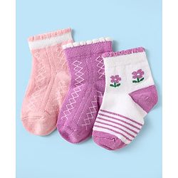 Cute Walk by Babyhug Knit Antibacterial Ankle Length Socks With Stripes & Floral Design Pack Of 3 - Pink Purple & White