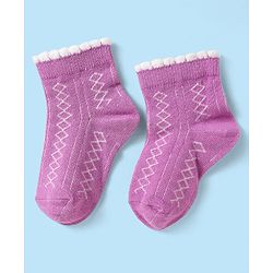 Cute Walk by Babyhug Knit Antibacterial Ankle Length Socks With Stripes & Floral Design Pack Of 3 - Pink Purple & White