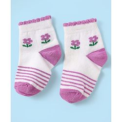 Cute Walk by Babyhug Knit Antibacterial Ankle Length Socks With Stripes & Floral Design Pack Of 3 - Pink Purple & White