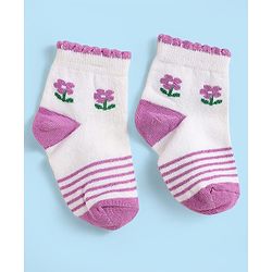 Cute Walk by Babyhug Knit Antibacterial Ankle Length Socks With Stripes & Floral Design Pack Of 3 - Pink Purple & White