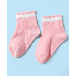 Cute Walk by Babyhug Knit Antibacterial Ankle Length Socks With Stripes & Floral Design Pack Of 3 - Pink Purple & White