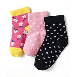 Cute Walk by Babyhug Knit Antibacterial Ankle Length Socks With Polka Dots & Floral Design Pack Of 3 - Pink & Black