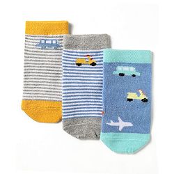 Cute Walk by Babyhug Knit Antibacterial Ankle Length Socks With Stripes & Vehicle Design Pack Of 3 - Light Blue Grey & Yellow