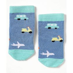 Cute Walk by Babyhug Knit Antibacterial Ankle Length Socks With Stripes & Vehicle Design Pack Of 3 - Light Blue Grey & Yellow