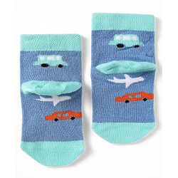 Cute Walk by Babyhug Knit Antibacterial Ankle Length Socks With Stripes & Vehicle Design Pack Of 3 - Light Blue Grey & Yellow