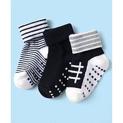Cute Walk by Babyhug Knit Antibacterial Ankle Length Anti Skid Socks With Stripes Pack Of 3 - Black & White